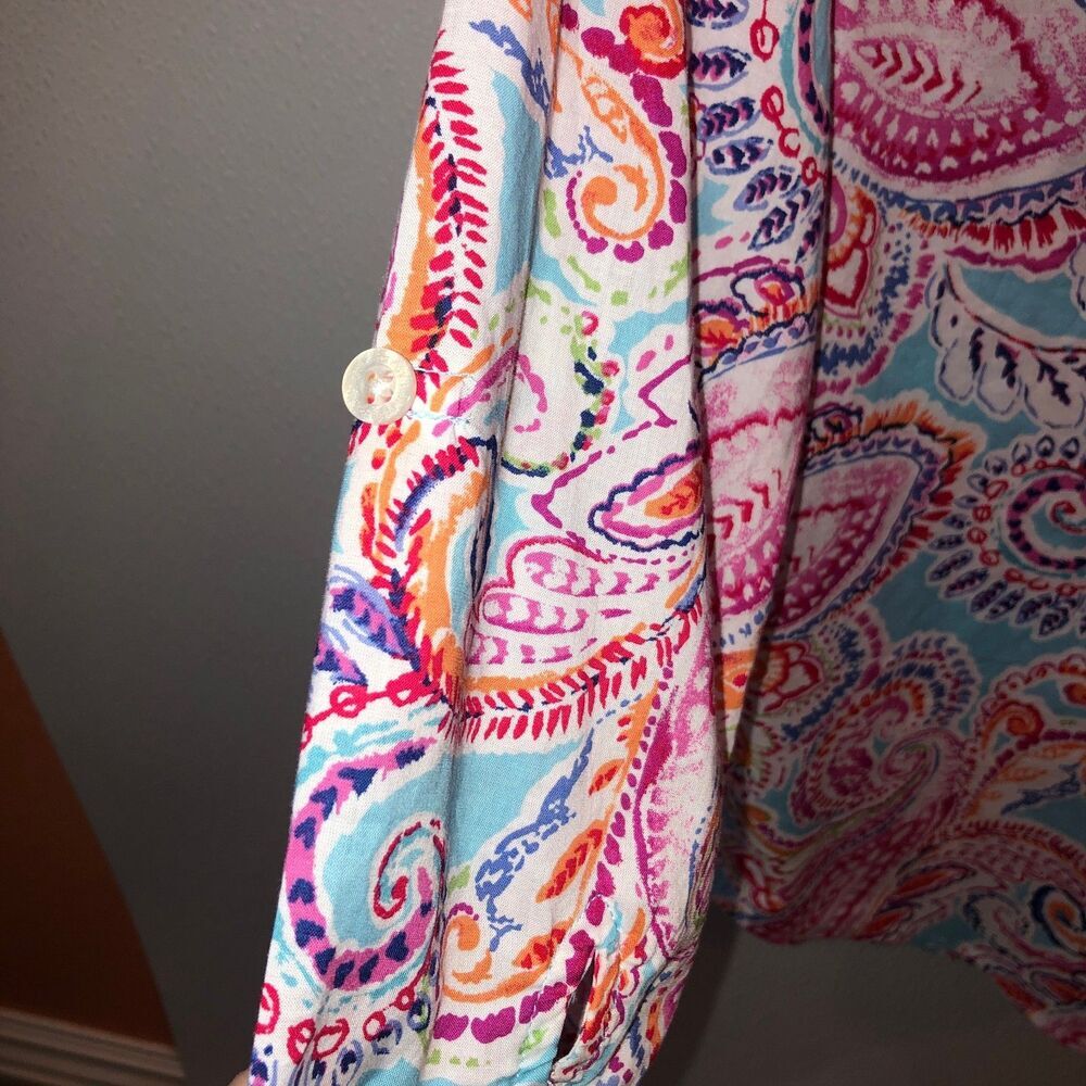 Lauren Ralph Lauren Petite Medium Paisley Pink Button Up Roll Tab Top Shirt PM - Picture 7 of 9